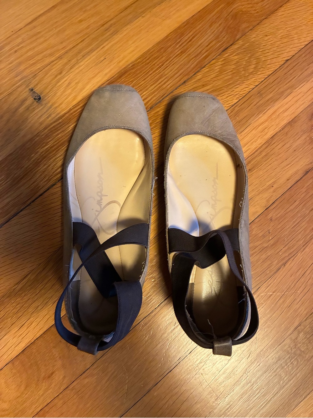Jessica Simpson Taupe Suede-Look Ballet Flats with Black Elastic Ankle Wraps